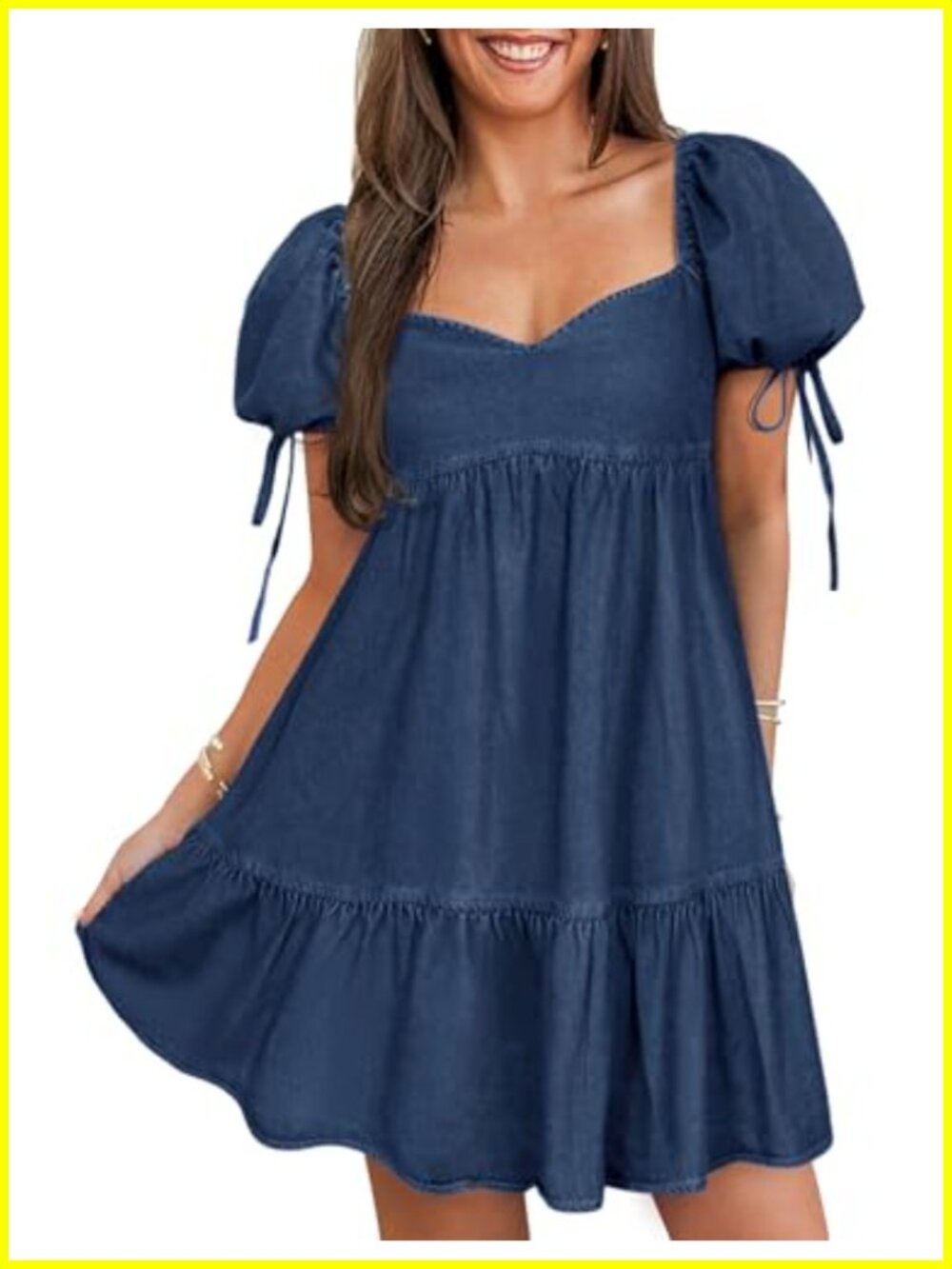 Women's Denim Mini Dress Puff Sleeve Sweetheart Neckline A-Line Jean Dress